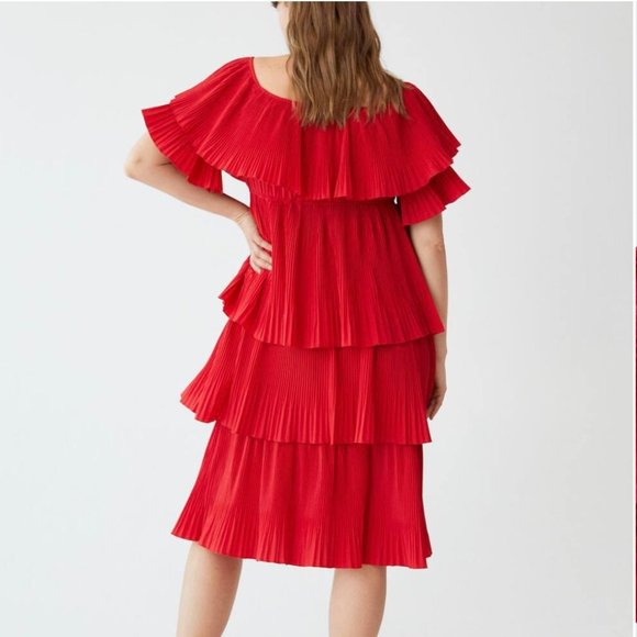Mango Pleated Red Ruffle Dress - Picture 1 of 8